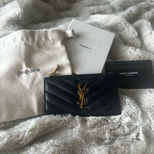 Saint Laurent Black Quilted Credit Card Holder with Gold Logo Lambskin BRAND NEW